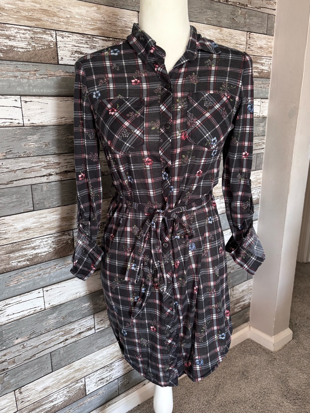 Passport Plaid Floral Dark Cottagecore Tie Waist Button Tunic Shirt/Dress Size S - Picture 1 of 11